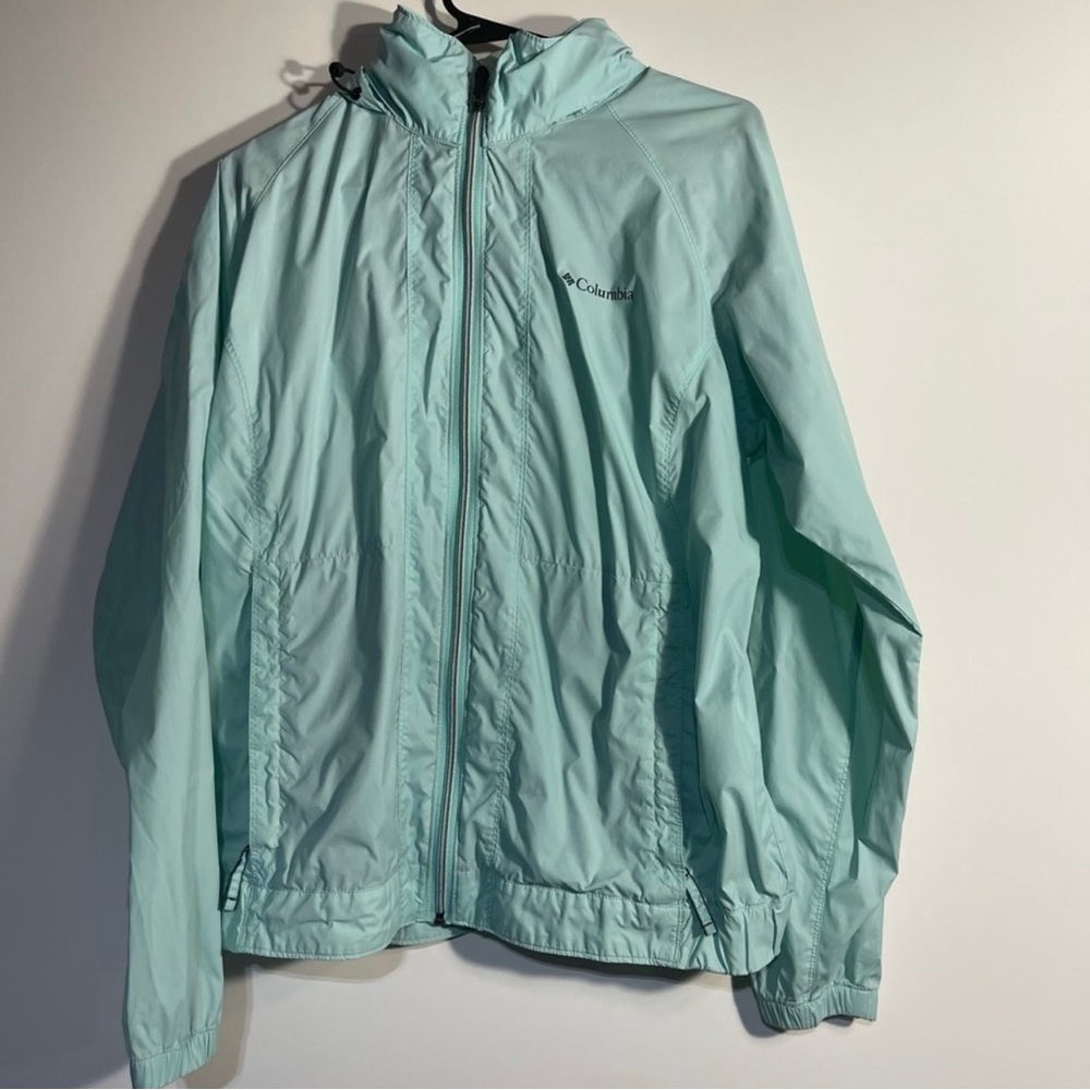 Columbia Rain Jacket Womens Large Light Blue Tuck Away Hood